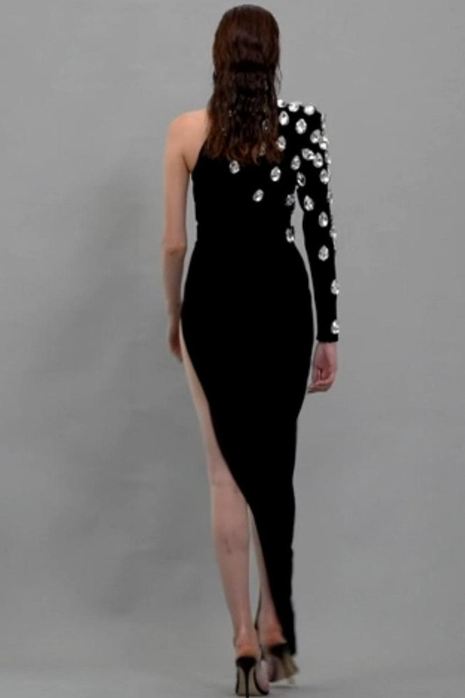 Crystal Embellished One-Shoulder Long Sleeve High-Slit Gown 2