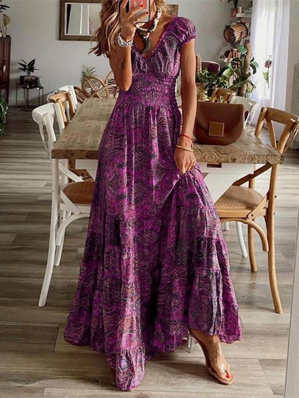 Bohemian Waisted Floral Print Dress - Fashionpara