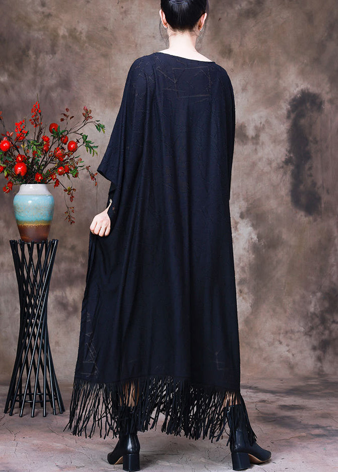 Mesh Geometric Fringe Hem Batwing Sleeve Kaftan Maxi Dress - View 4