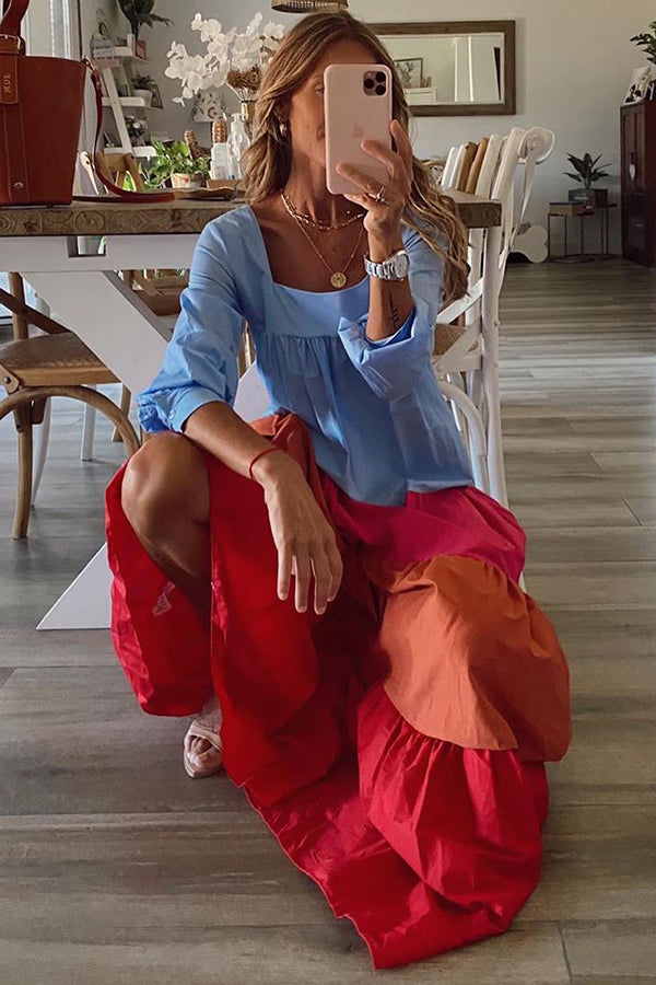 Square Neck Empire Waist Tiered Long Sleeve Maxi Dress - View 4