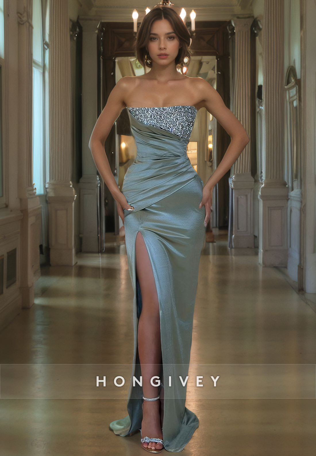 L0951 - Sparkly Ormate Sheer Beaded Tube Top Paneled High Slit With Train Evening Party Prom Dress