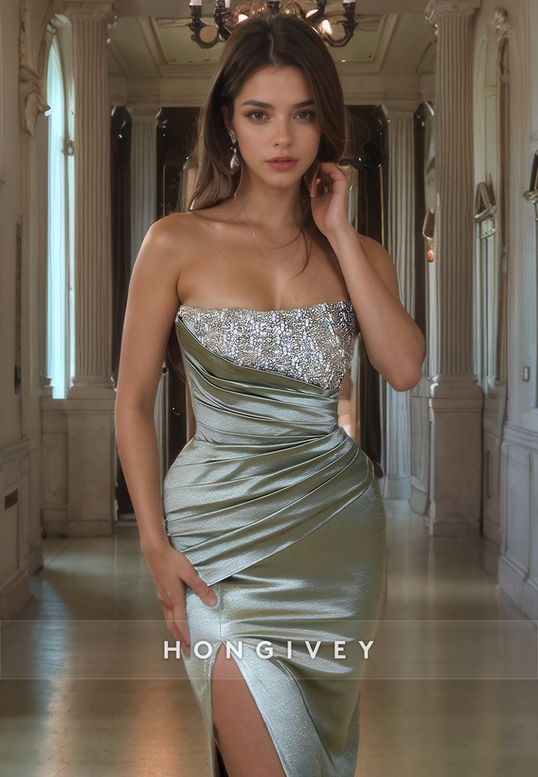 L0951 - Sparkly Ormate Sheer Beaded Tube Top Paneled High Slit With Train Evening Party Prom Dress