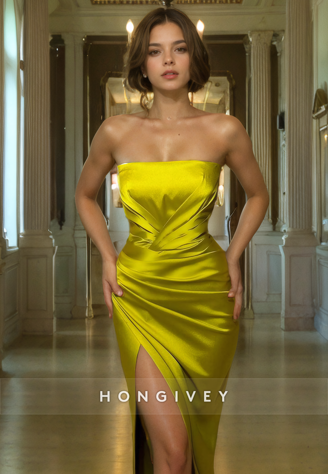 L0955 - Simple Strapless High Slit With Train Evening Party Prom Dress