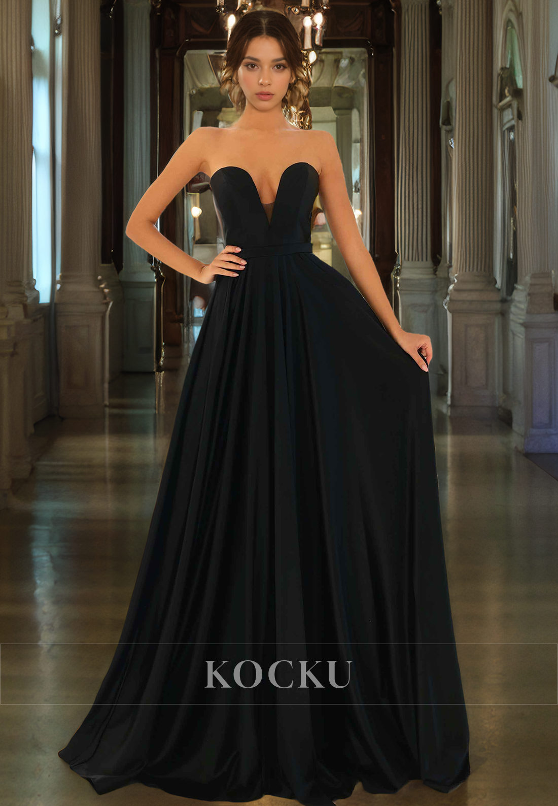 Classic Sheath V Neck Floor-Length Satin Prom Dress