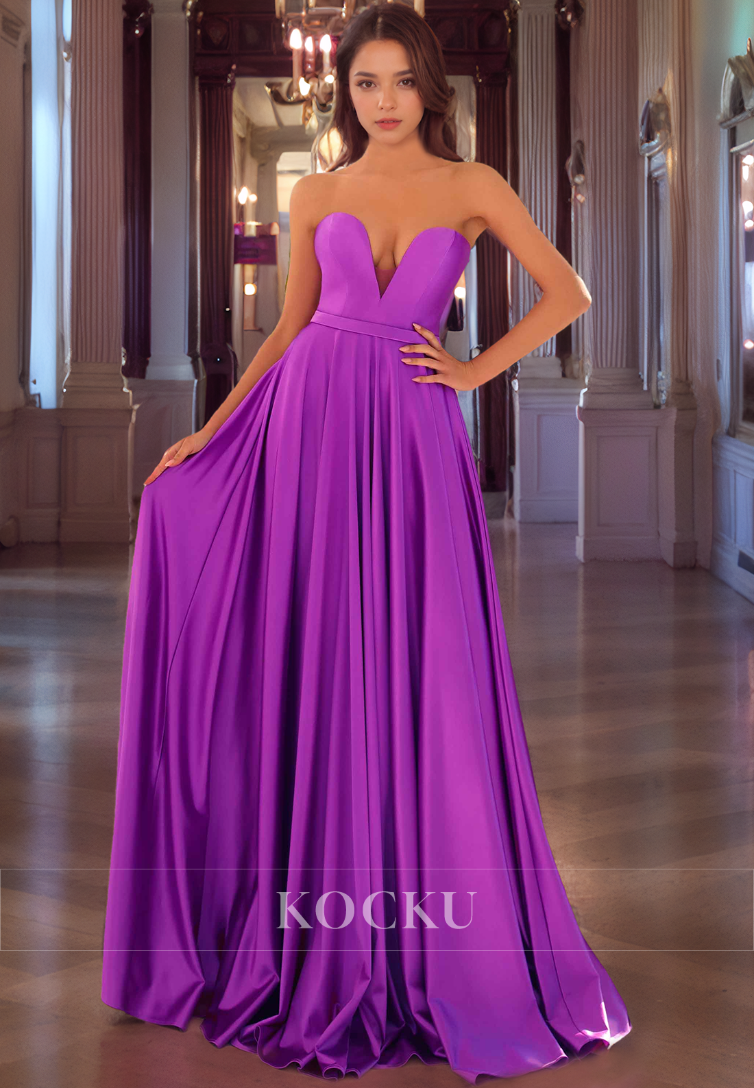 Classic Sheath V Neck Floor-Length Satin Prom Dress