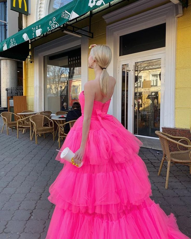 Hot Pink High Low Tulle Long Prom Dresses, Hot Pink High Low Formal Graduation Dresses - Fashionpara