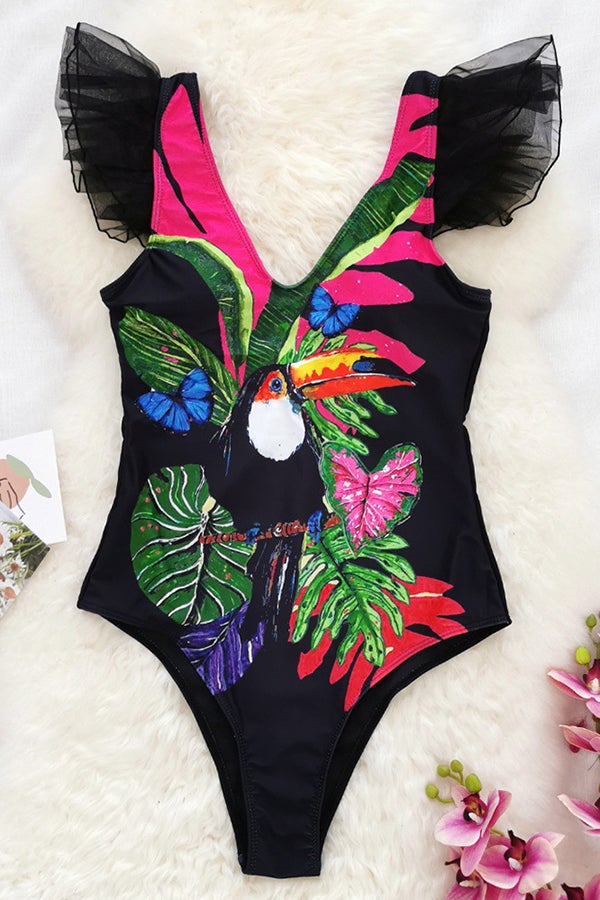 Ruffled V-Neck Print One-Piece Swimsuit - Fashionpara