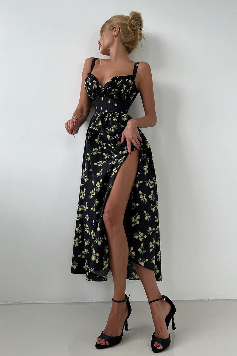 Lemon Print Off Shoulder Corset High Split Maxi Dress 13