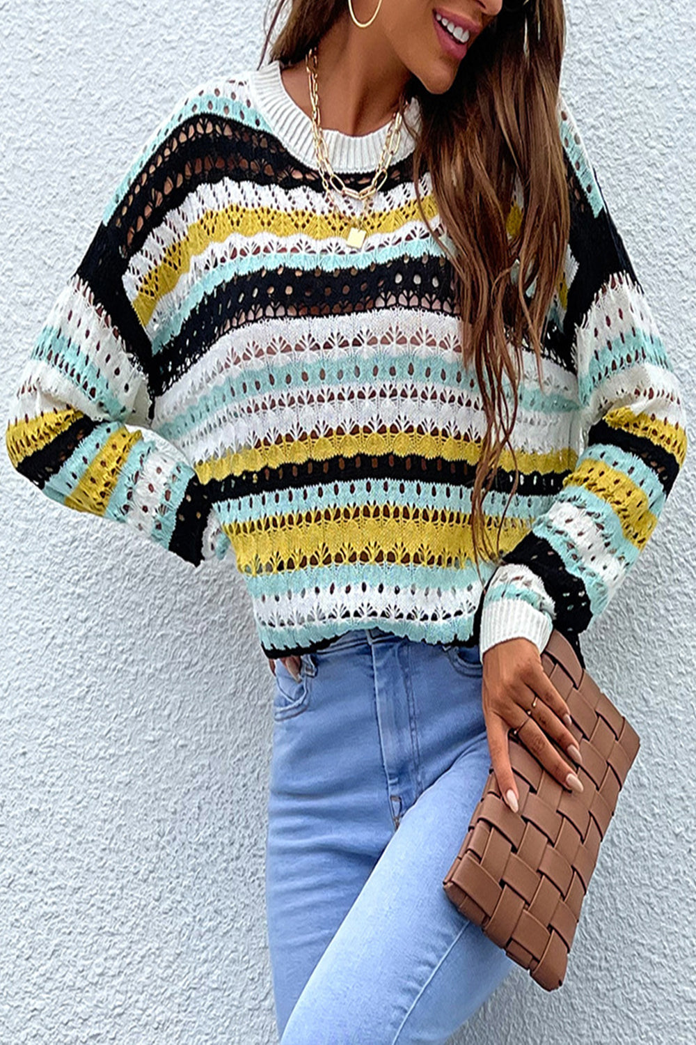 RadyRin Colorful Striped Patchwork Hollow Knit Sweater