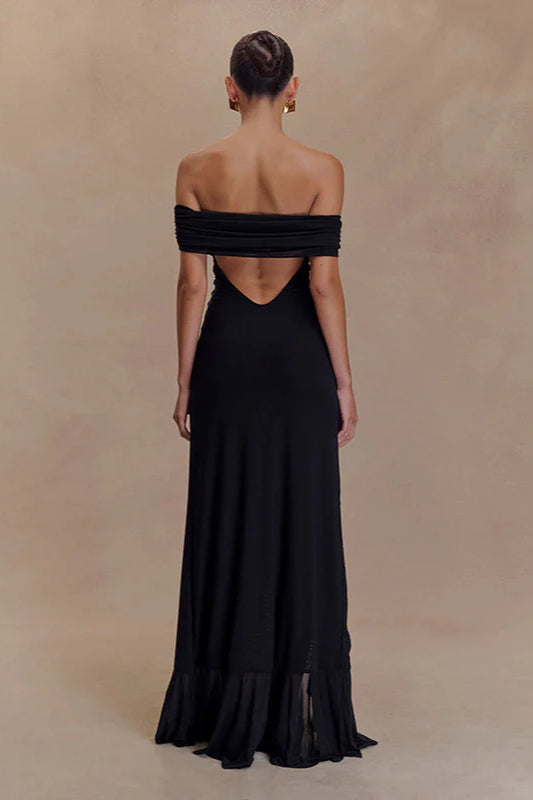 Off-Shoulder Ruffle Mesh Split Maxi Party Dress