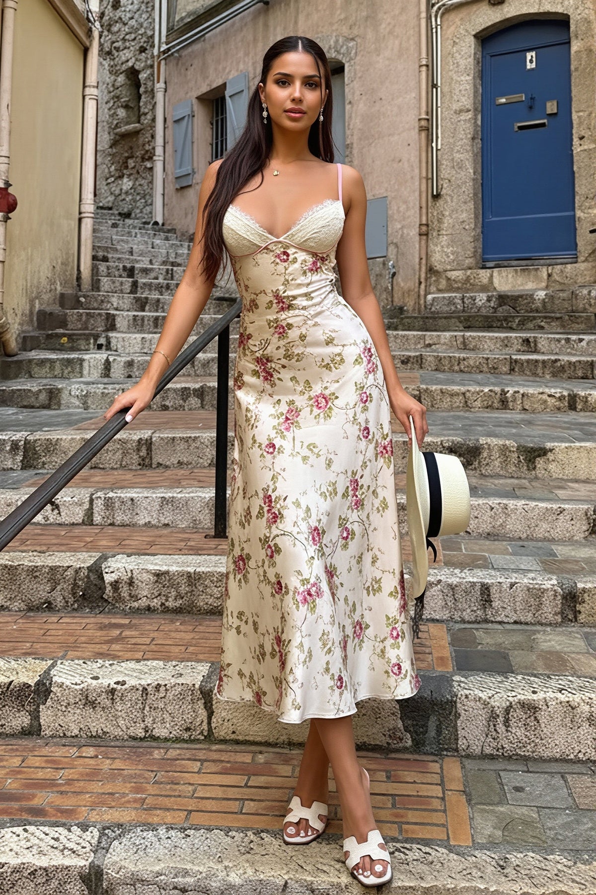 Floral Satin Lace Trim Bias Slip Midi Dress