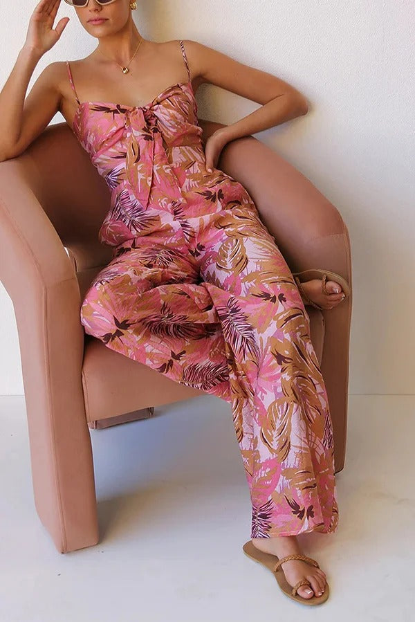Botanical Print Strappy Resort Style Wide-leg Pants Jumpsuit - Fashionpara