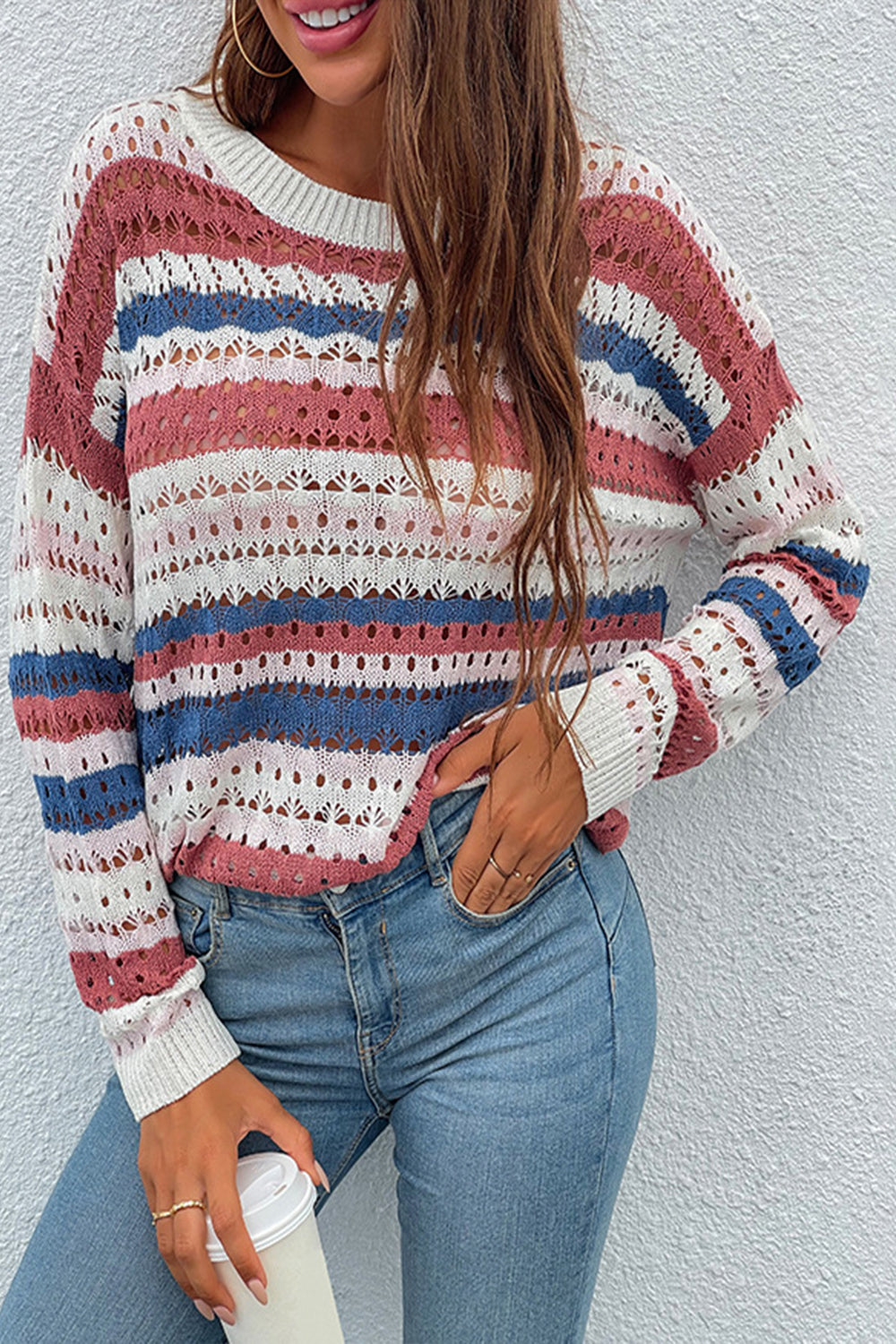 RadyRin Colorful Striped Patchwork Hollow Knit Sweater