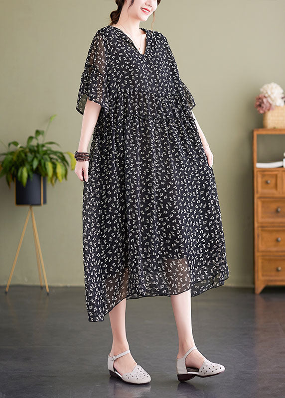 Floral Print V-Neck Flared Sleeve Gathered Waist Flowy Midi Dress - View 3