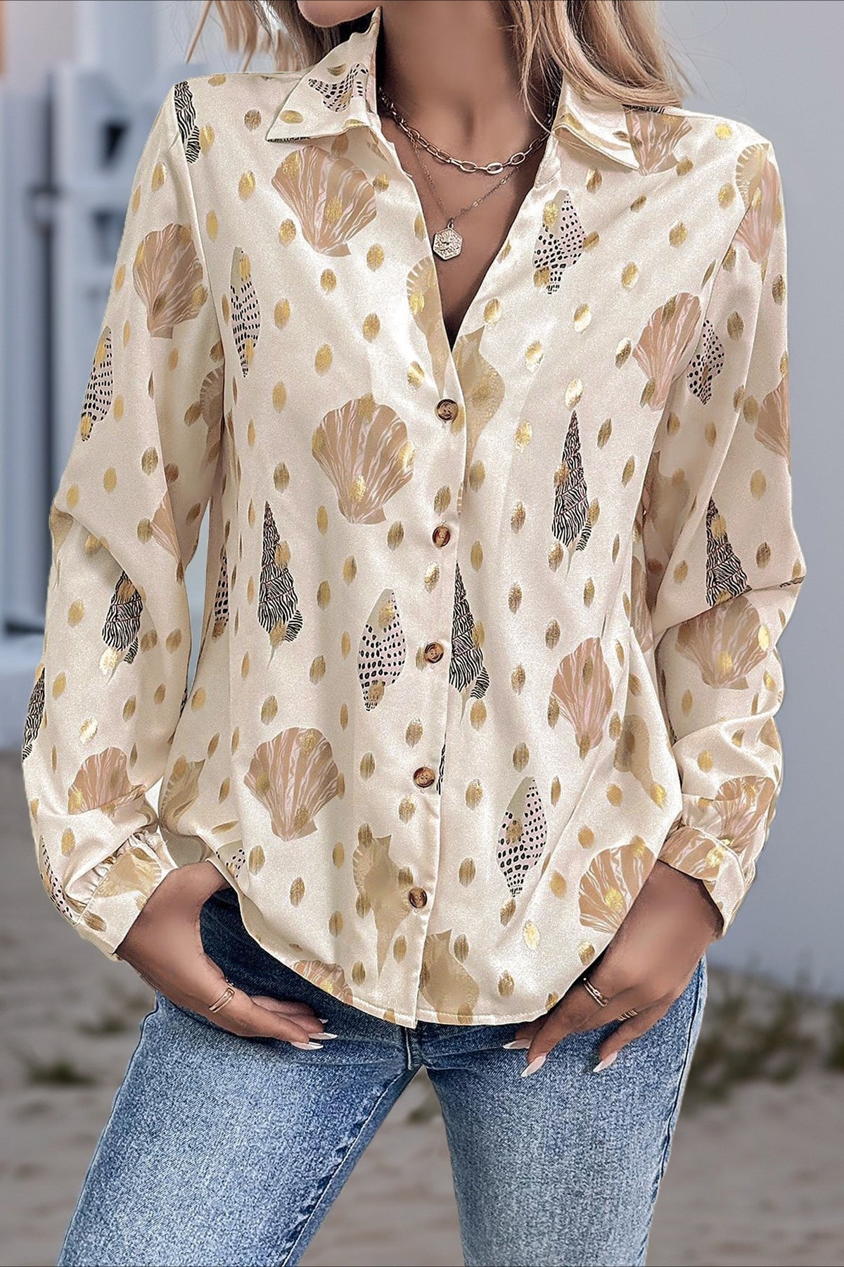 Printed Loose Fit Collared Blouse - Fashionpara