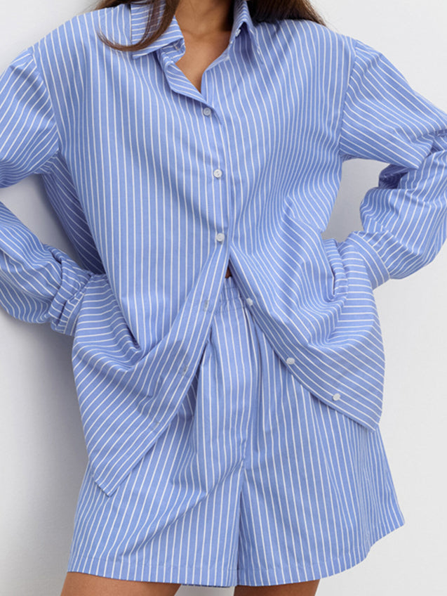 Chic Striped Cotton Casual Set Blouse
