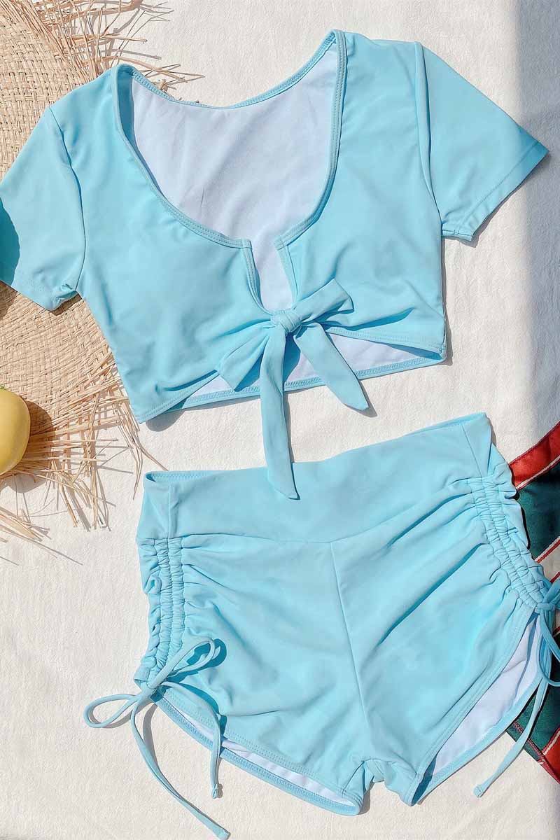 Shirred Basic Shorts Two Piece Swimsuit - Fashionpara