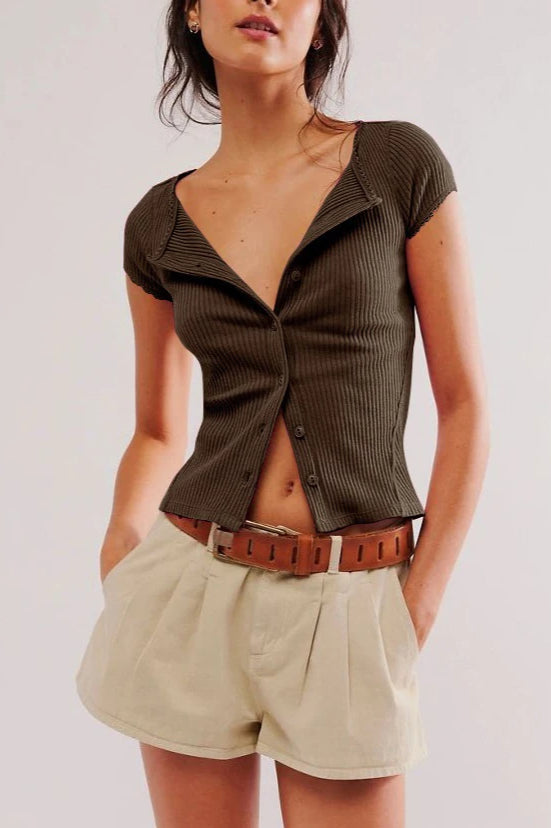 Button Short Sleeve Ribbed Cardigan 7