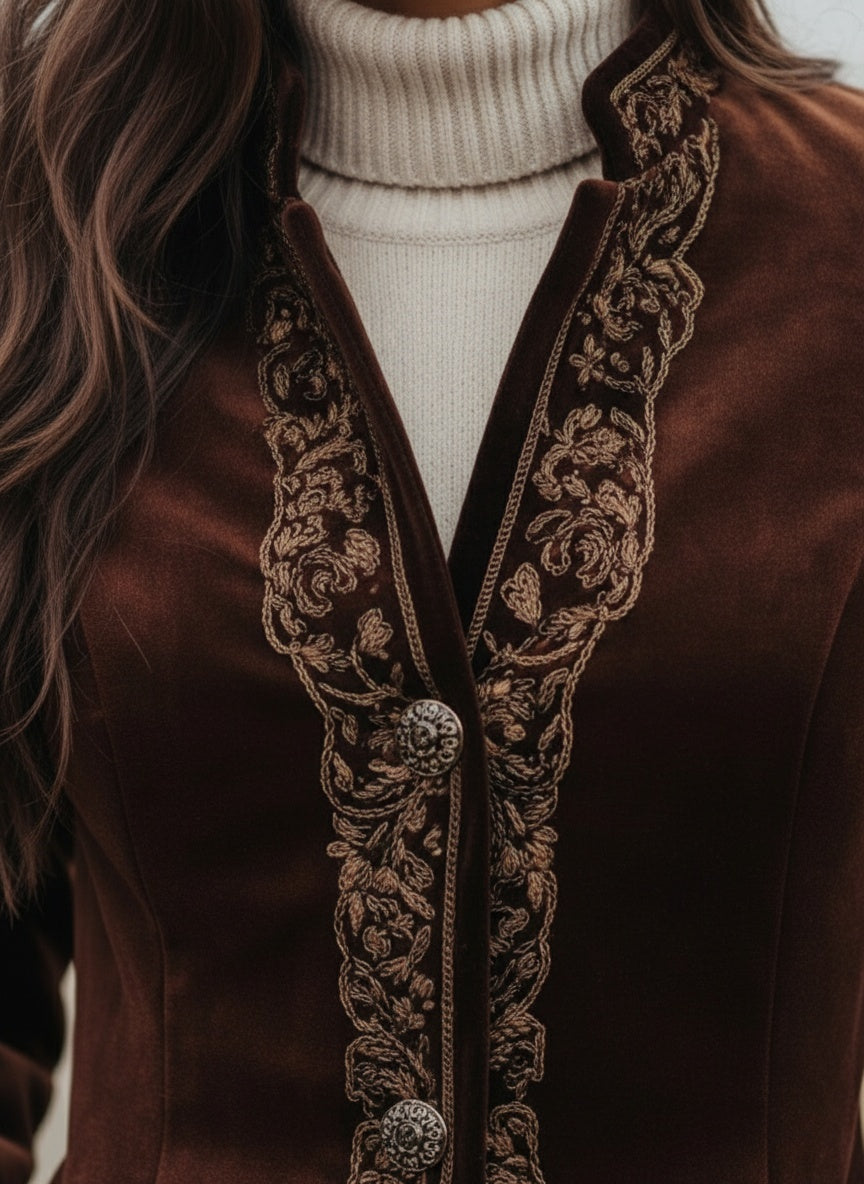 Rich Velvet Embroidered Long Coat - Fashionpara