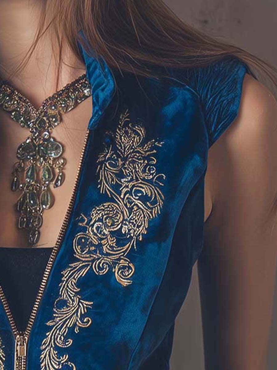 Zippered Boho Royal Blue Embroidered Velvet Vest - Fashionpara