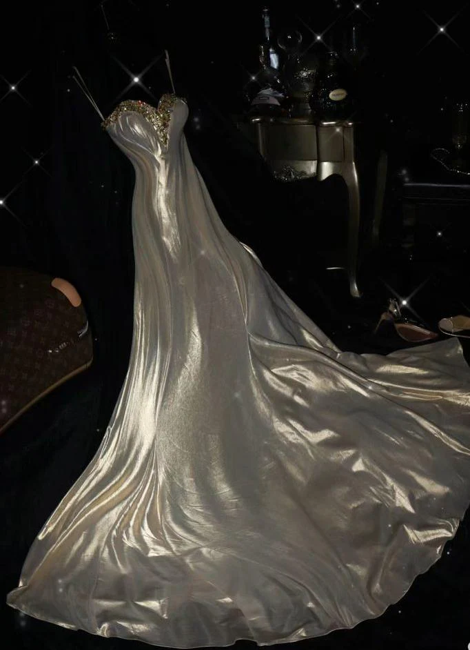 A Line Spaghetti Straps Satin Beaded Long Prom Dress,Formal Evening Dress - Fashionpara