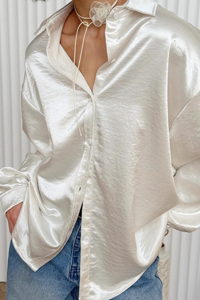 Apricot Pearlescent Satin Chic Chillax French Blouse - Fashionpara