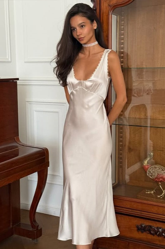 Lace Trim Cowl Neck Sleeveless Satin Slip Midi Dress