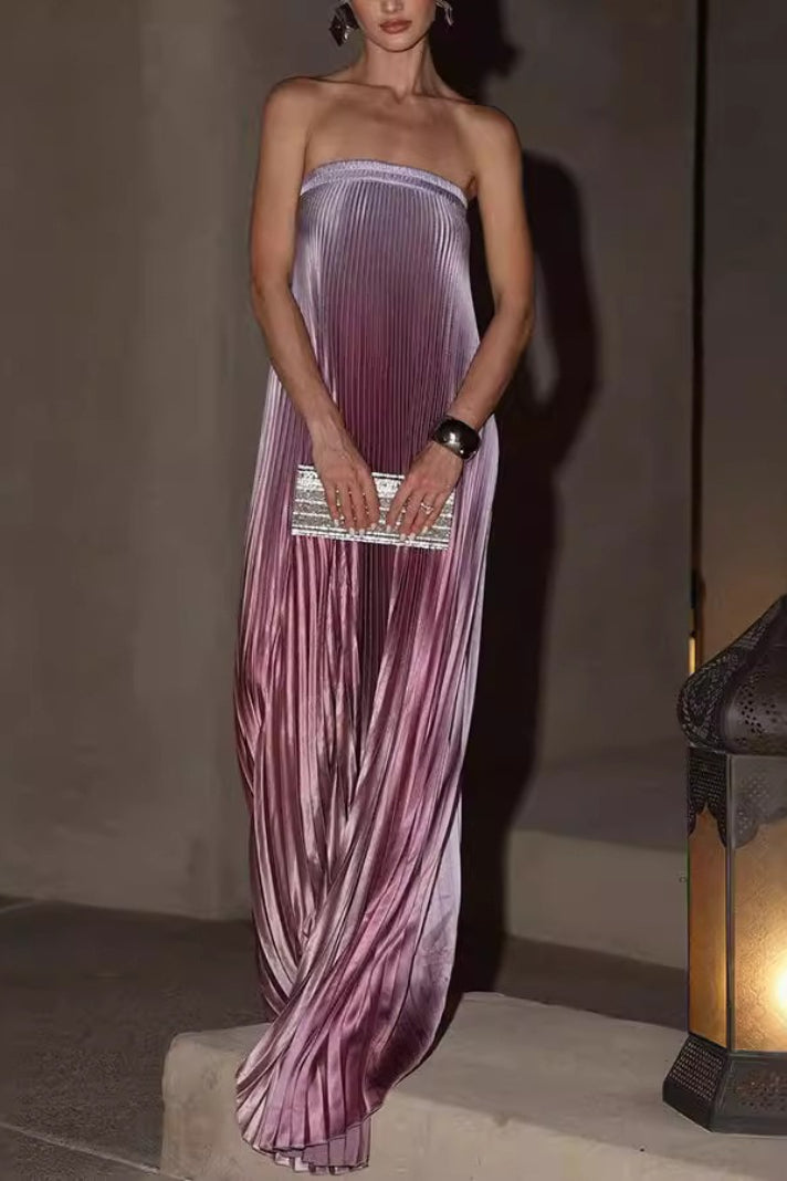 Strapless Pleated Satin Maxi Prom Dress
