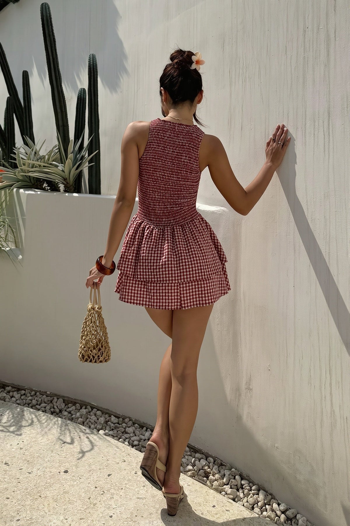 Gingham Shirred Tiered Fit and Flare Mini Dress