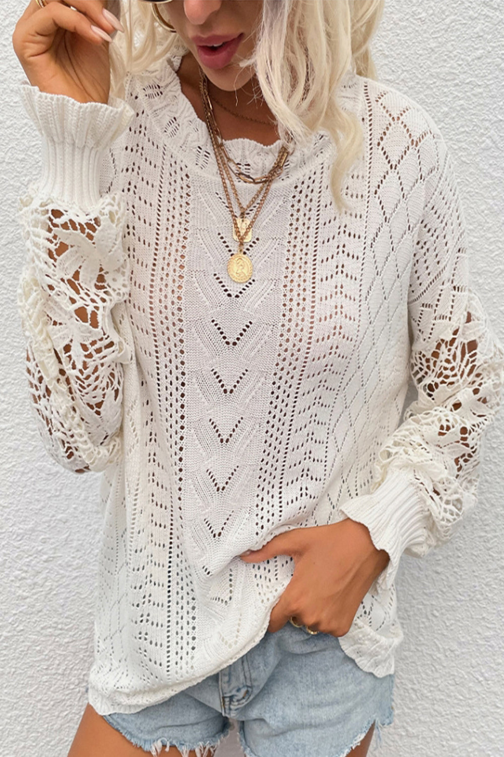 Lace Patchwork Hollow Sweater for Elegant Layering Style