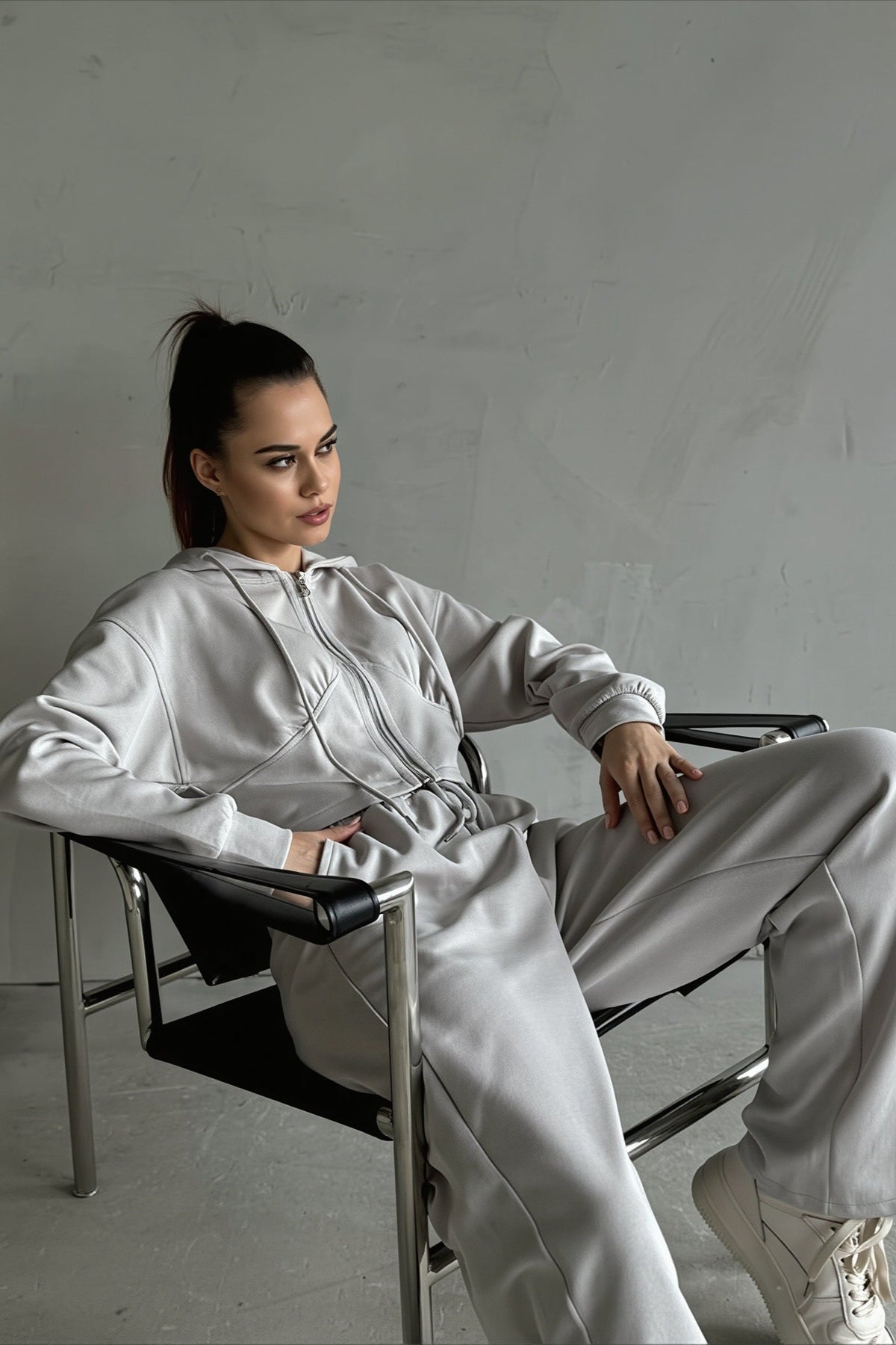 Solid Cropped Zip Front Wide Leg Hoodie Set