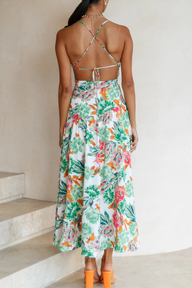 Floral Print One Shoulder Spaghetti Strap Side A-Line Midi Dress - View 5
