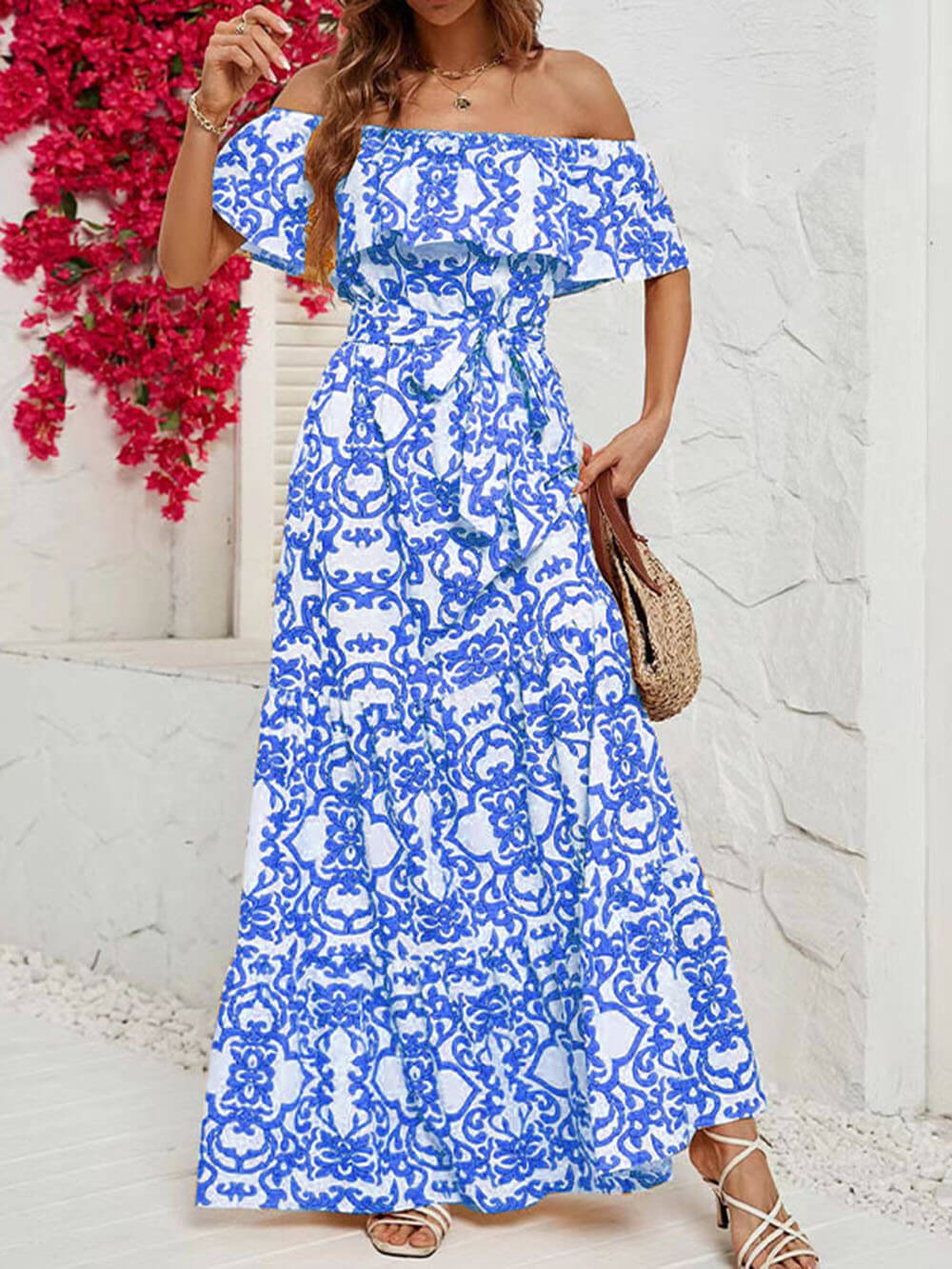 One-Shoulder Short-Sleeve Printed Ruffle Maxi Dress - Fashionpara