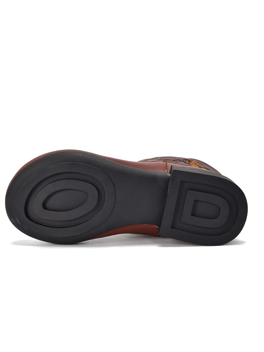 Vintage Flower Embroidery Leather Low Heel Boots