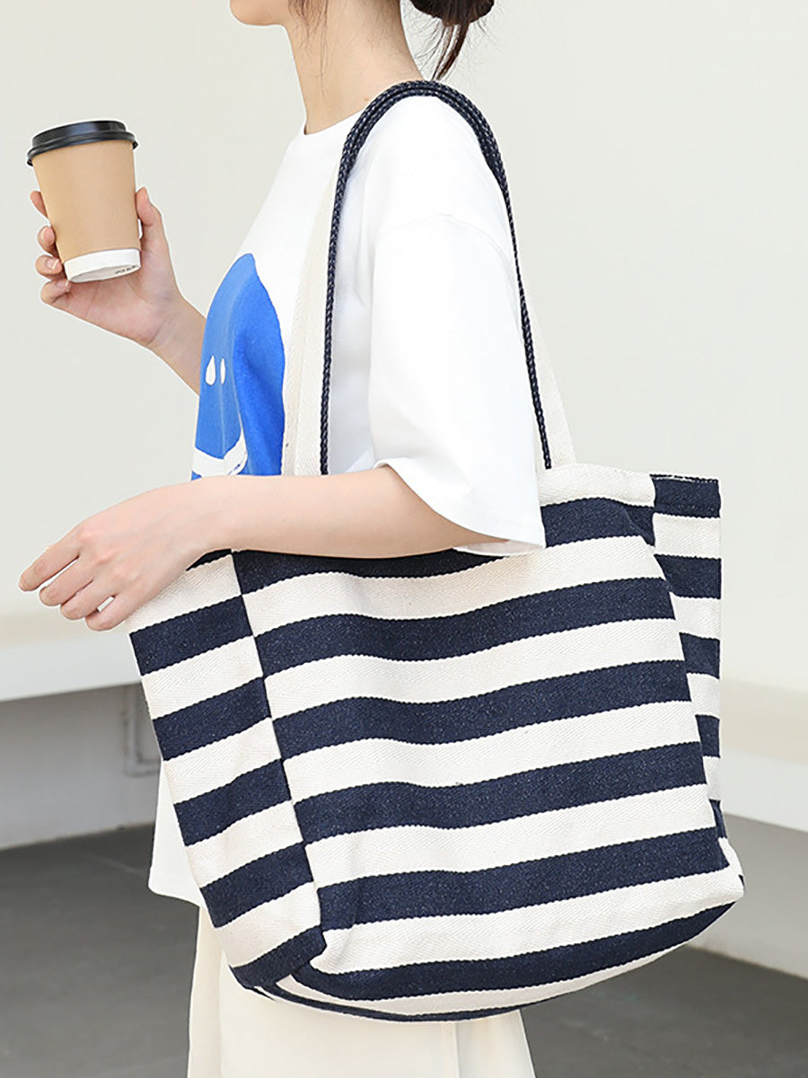 Casual Stripe Canvas Large Capacity Shoulder Bag