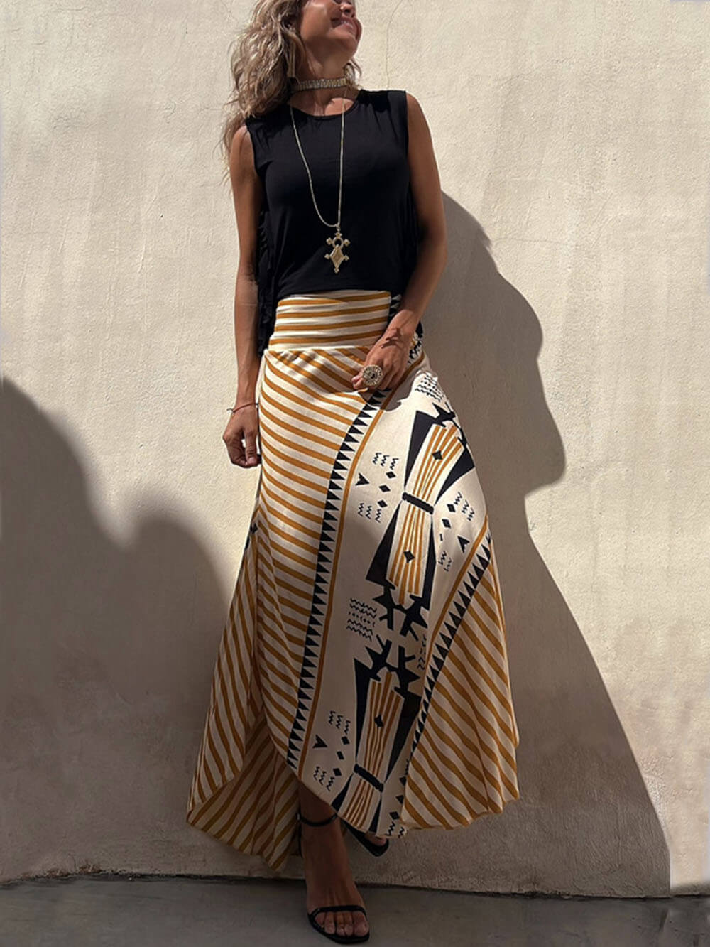 Geometric Print Elastic Waist Maxi Skirt - Fashionpara