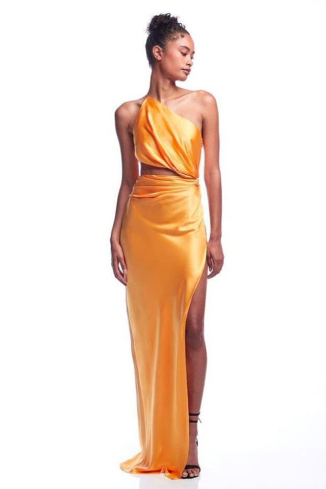 Satin One Shoulder Cut Out High Split Maxi Gown