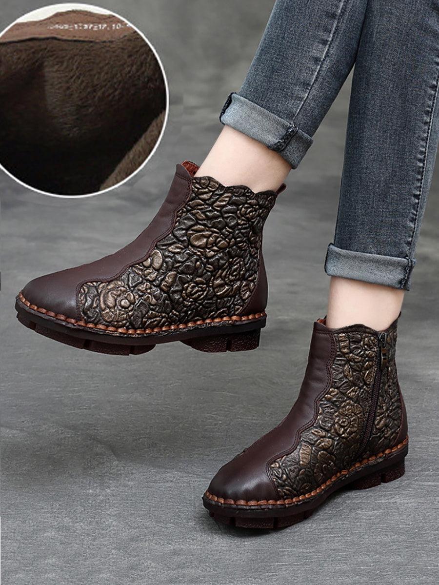 Retro Flower Leather Spliced Zipper Low Heel Boots