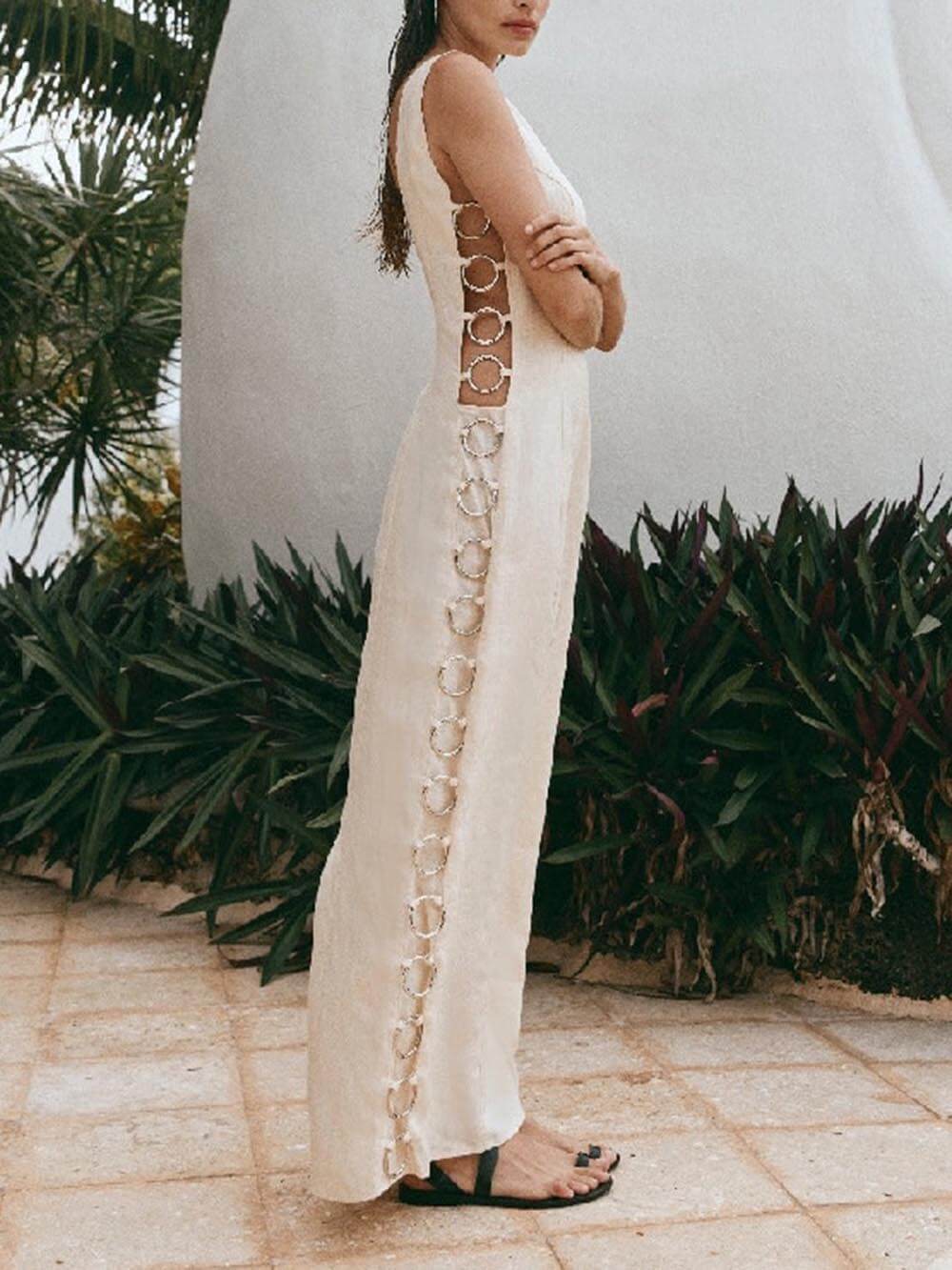 Signature Printed Hoop-Embellished Sleeveless Midi Dress - Fashionpara