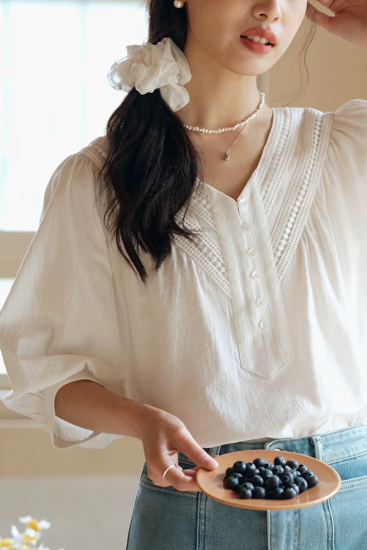 Relaxed Lace Trim Blouse