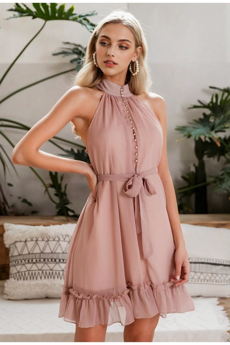 Chiffon Halter Button-Front Belted Ruffle-Hem Mini Dress 3