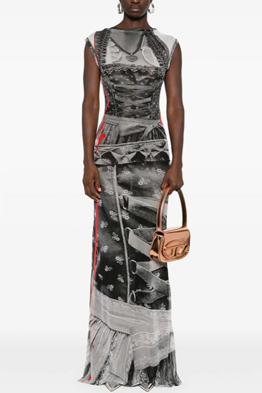 Graphic Print Sleeveless Bodycon Maxi Dress