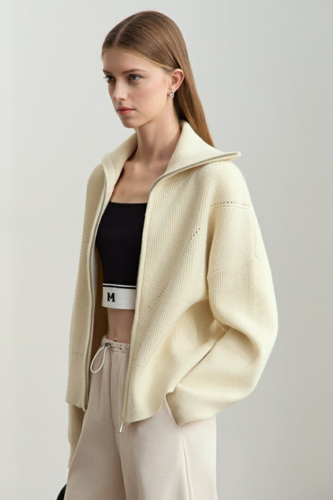 Thick Knit Zip Cardigan with Naval Collar for Cozy Elegance
