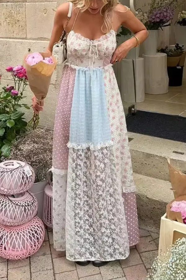 Floral Lace Sexy Halterneck Backless Patchwork Maxi Dress - Fashionpara