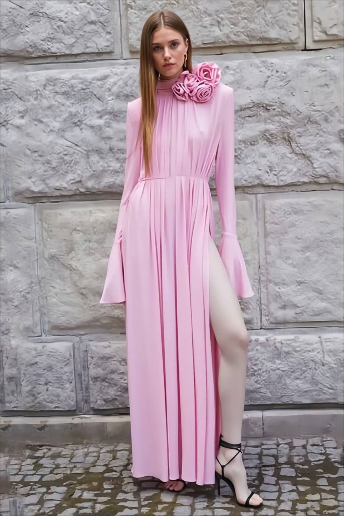 Long Sleeve Rosette High Neck High Split Gown
