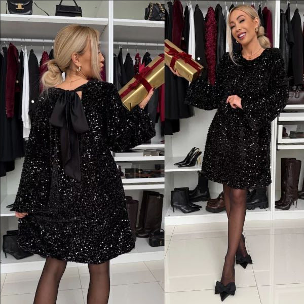 Sequin Long Bell Sleeve Bow Back Cut Out Mini Party Dress