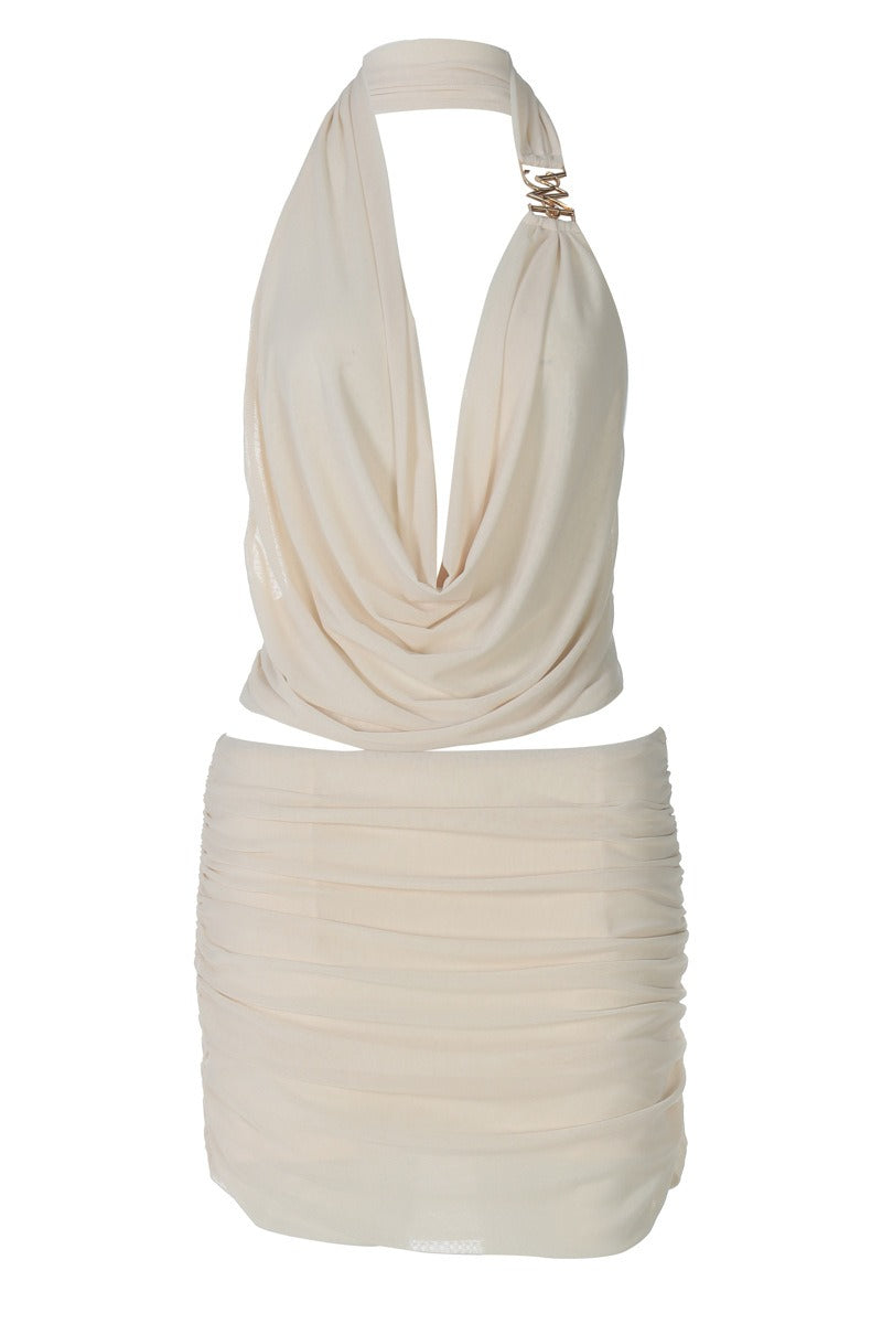 Solid Cowl Halter Mini Skirt Set