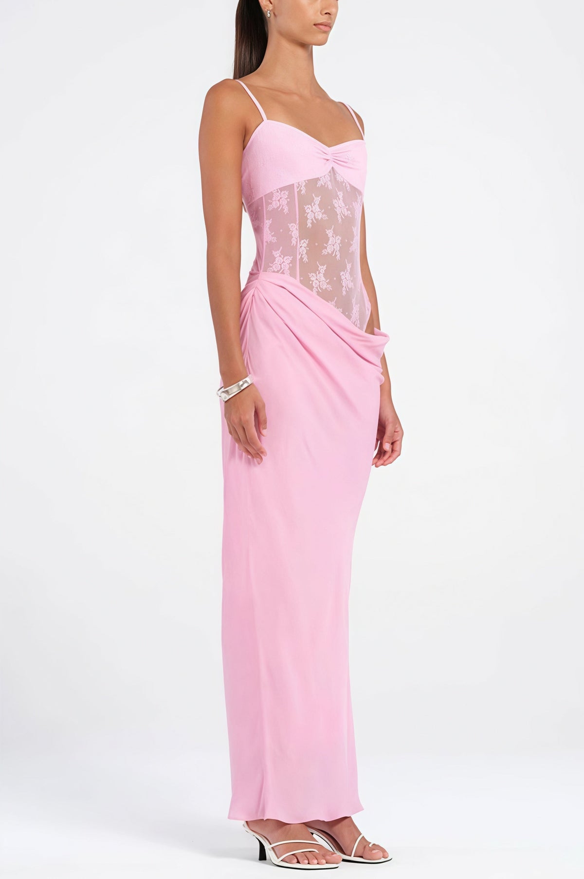 Lace Corset Sheer Bodice Draped Satin Maxi Dress