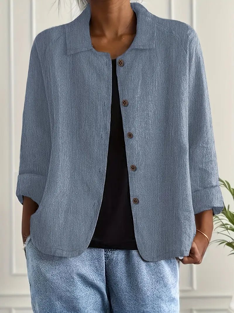 Collared Long Sleeve Button Front Linen Look Shirt 4