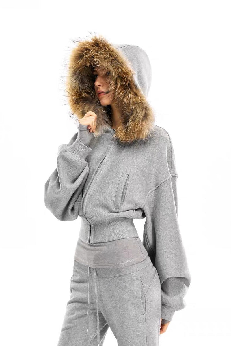 Vintage Gray Fur Collar Zip Hoodie